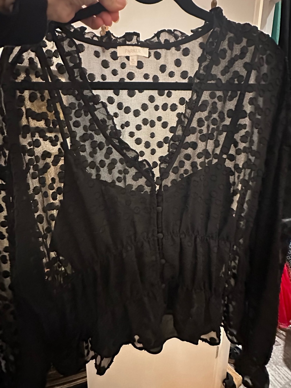 Parker Black Sheer Polka Dot Ruffle Blouse with separate solid tank underneath